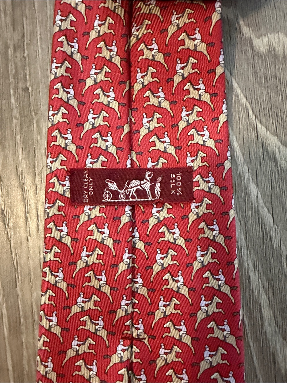 Hermes Paris Vintage Equestrian Jockey Pattern Print Men’s Silk Crimson Red Tie - Picture 5 of 9